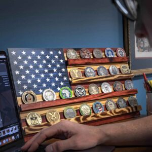 Alternative view of American Flag Challenge Coin Wall Display Stand (26 coins)