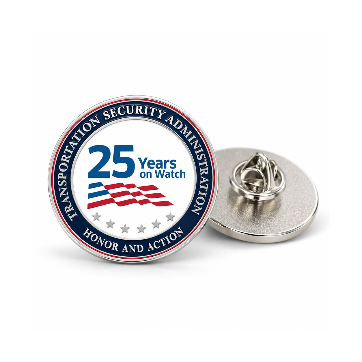 TSA 25th Anniversary commemorative lapel pin with Honor and Action artwork, six stars and silver finish