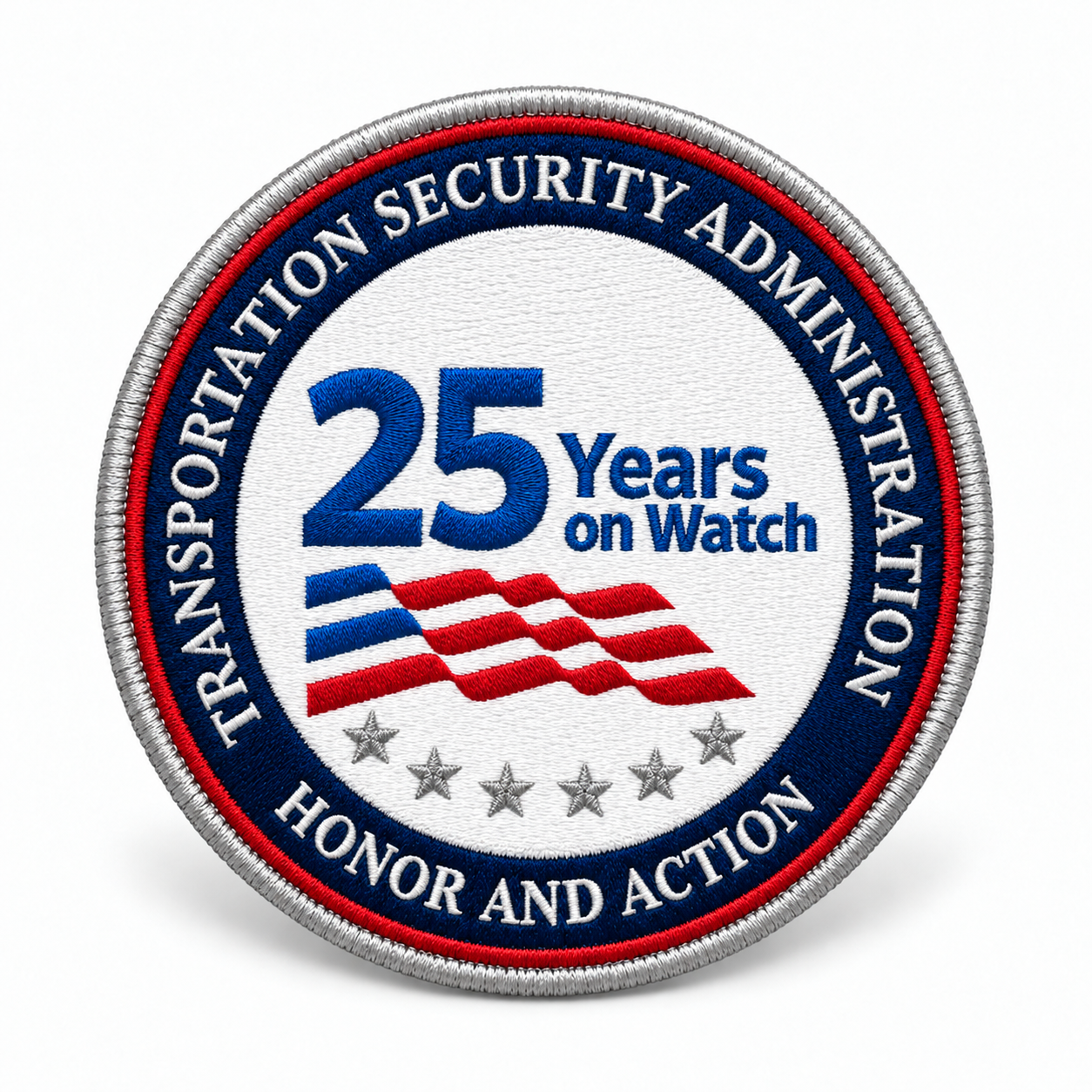 TSA 25th Anniversary 2.5-inch embroidered morale patch with Honor and Action design and six stars